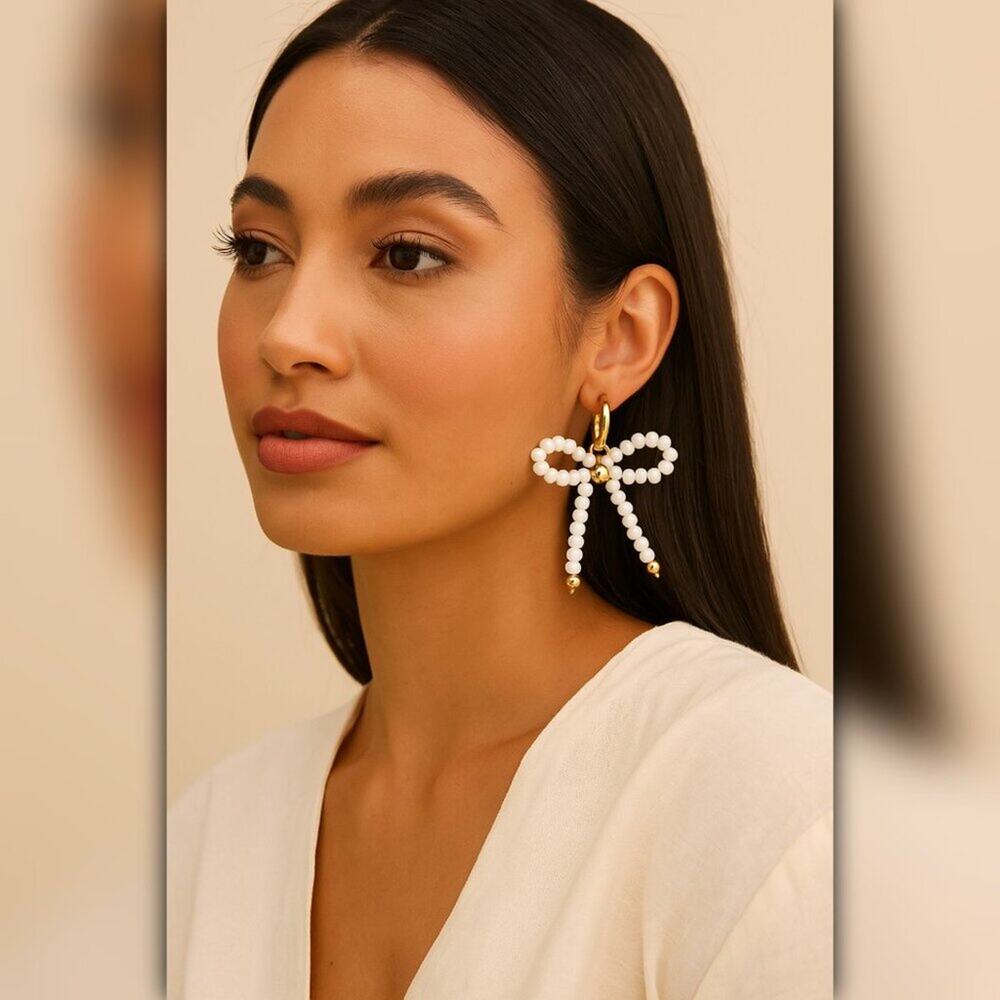 A501 • White Beaded Bow Drop Earrings Gold Hoop Statement